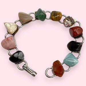 Vintage Natural Multi-Stone Bracelet - Tigers Eye Amethyst Rose Quartz Jade Aqua